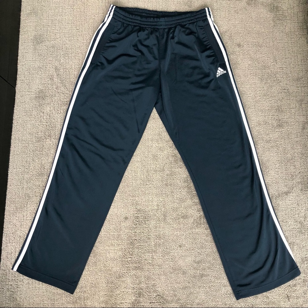 ADIDAS Men’s Navy Blue and White Stripe Track Pants - Medium